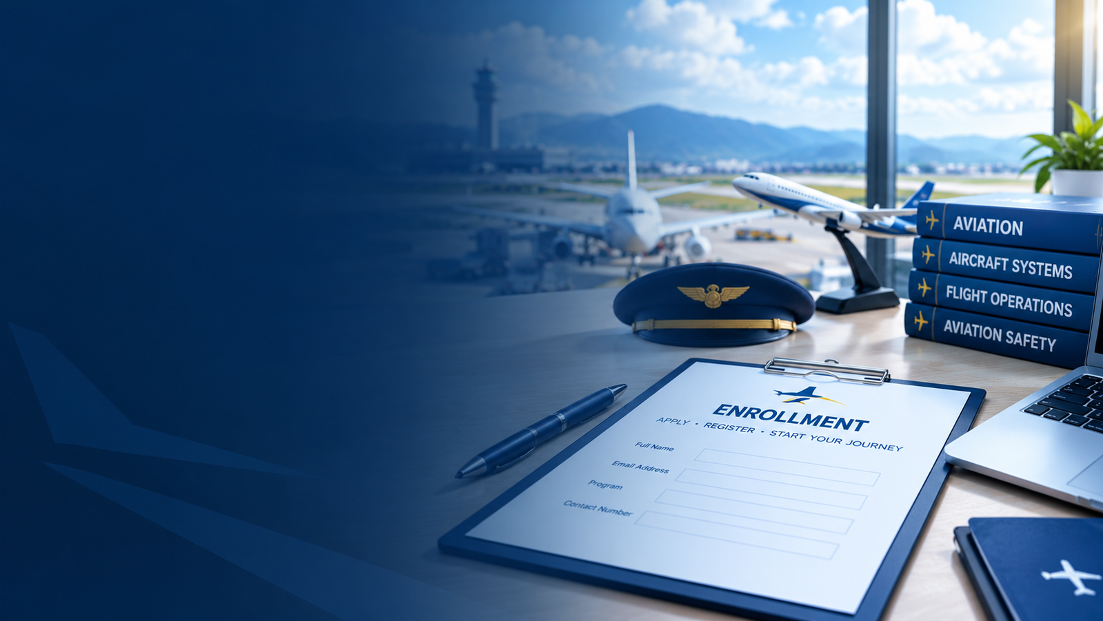 Aviation enrollment desk with application form, aircraft models, and aviation study books beside an airport runway