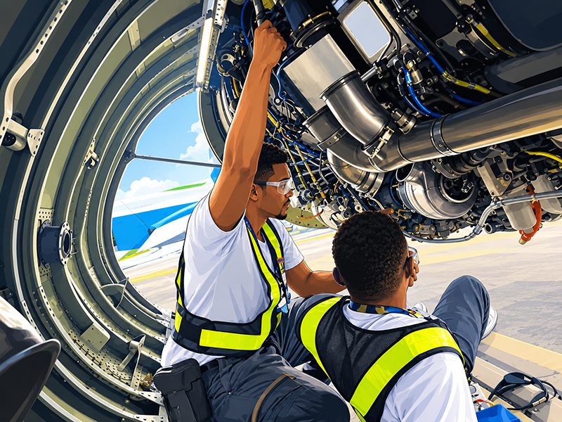 Aircraft maintenance technicians inspecting an engine