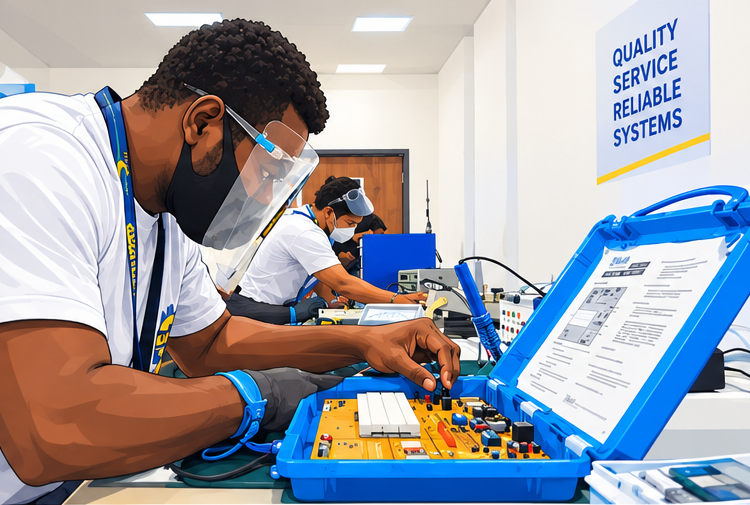 Aviation electronics students inspecting and testing avionics equipment